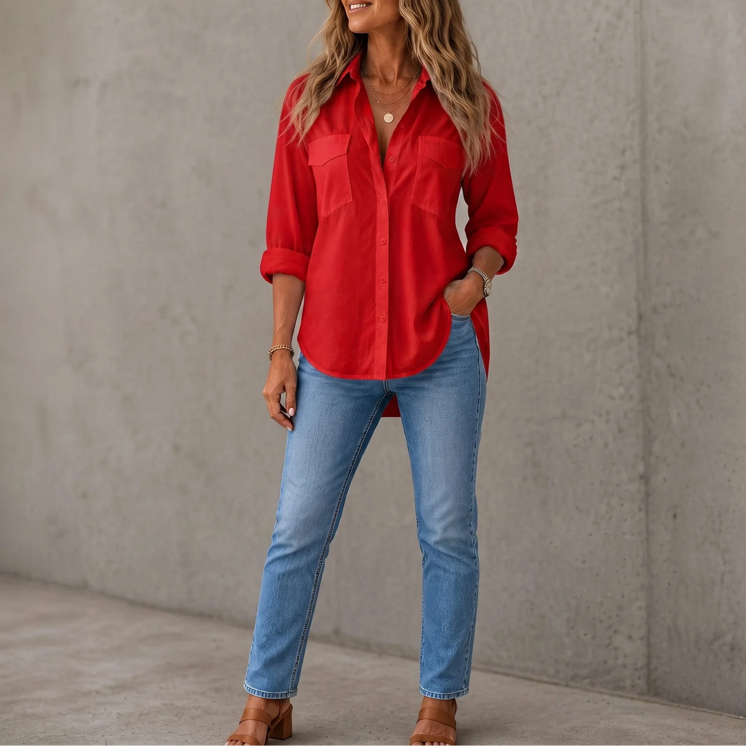 Poise – Dual Flap Pocket Curved Hem Button-Down Shirt