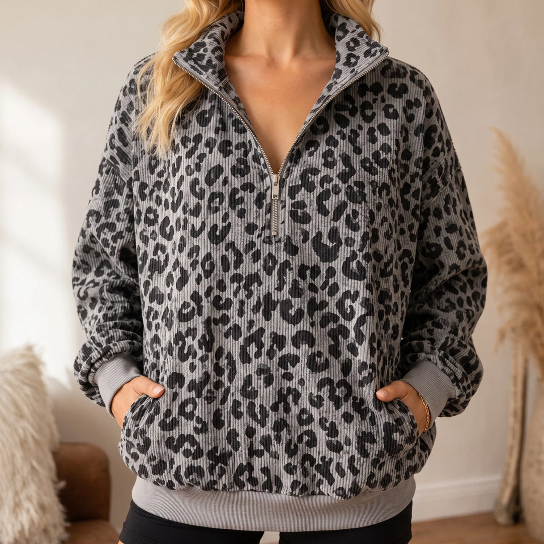 Roamprint – Leopard Print Oversized Quarter-Zip Sweatshirt
