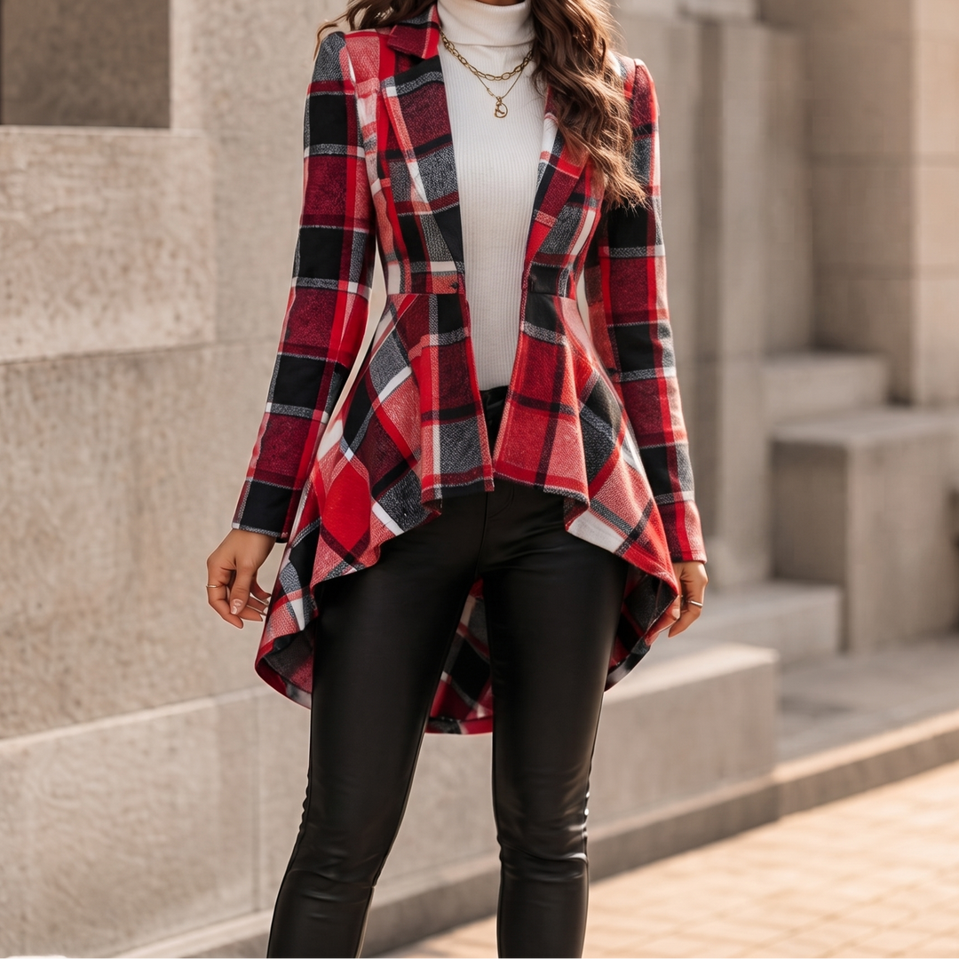 Cinchella – Plaid High-Low Peplum Waist Coat