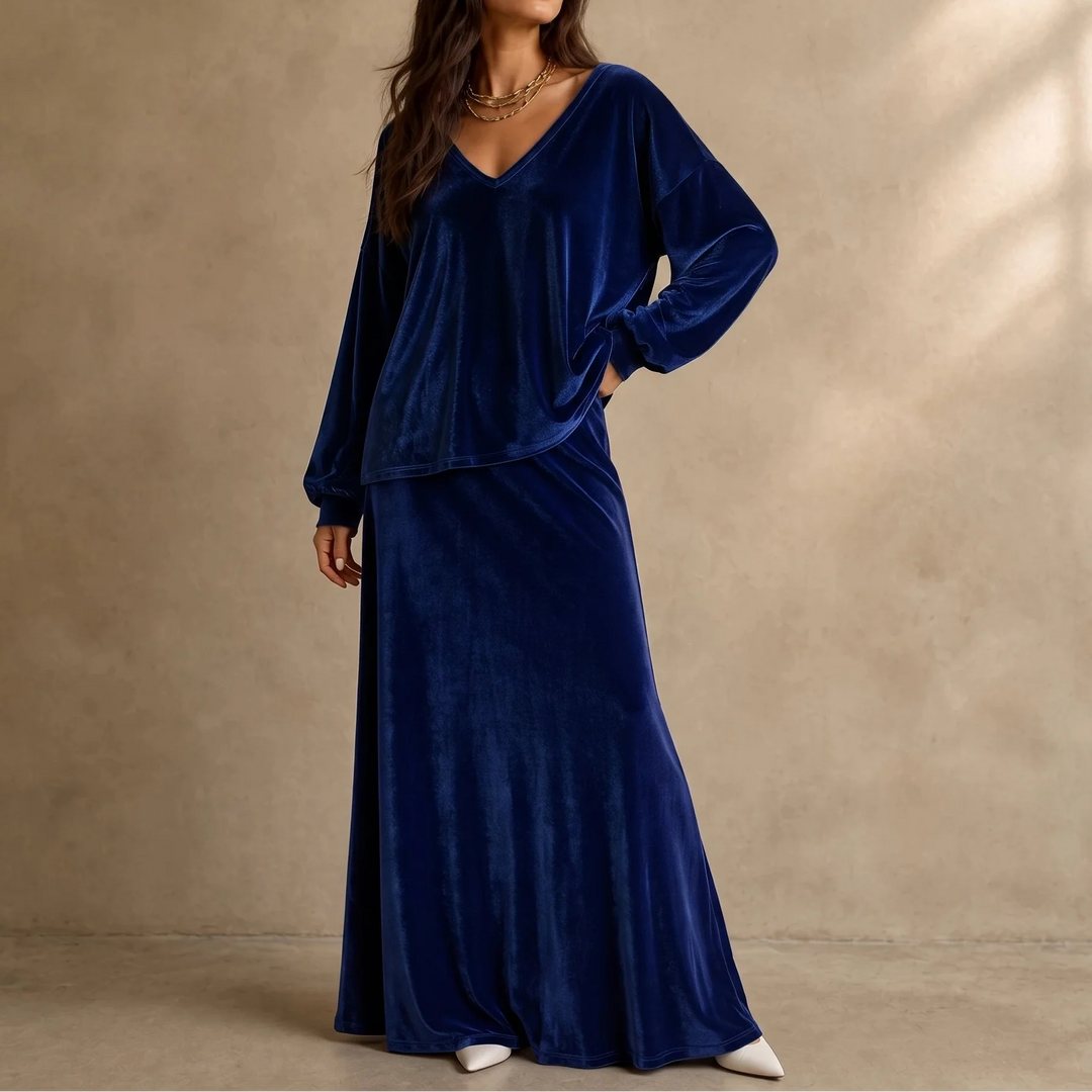 Veloura – Relaxed Velvet Top And Flared Maxi Skirt Set