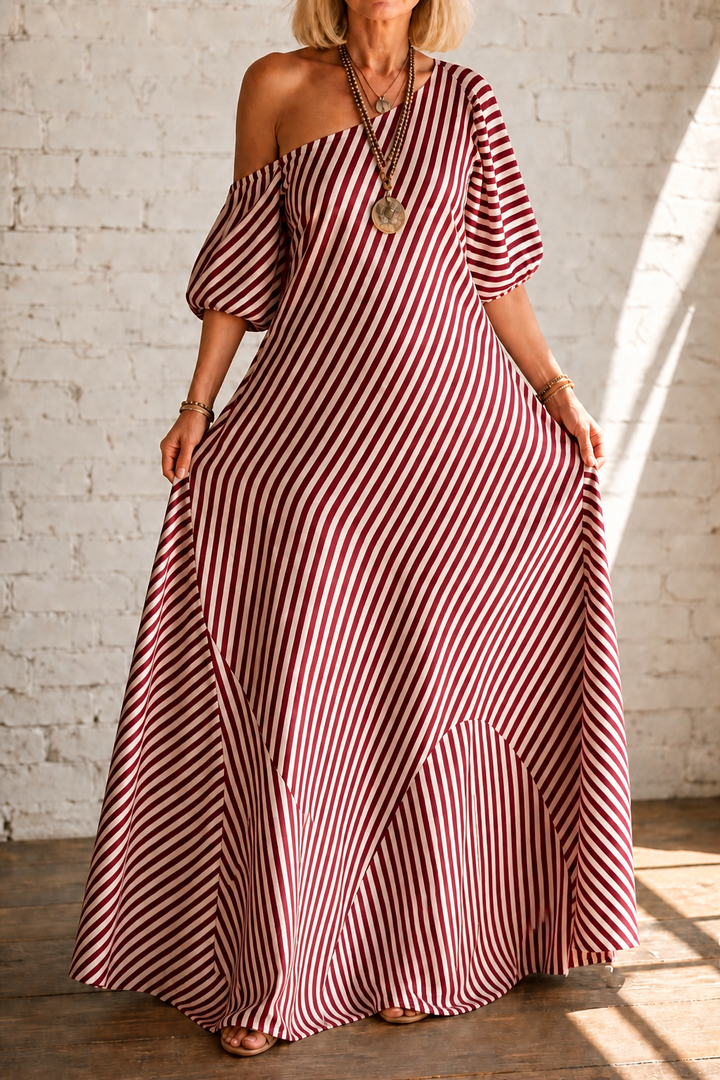 Onestrand – Striped One-Shoulder Puff Sleeve Maxi Dress