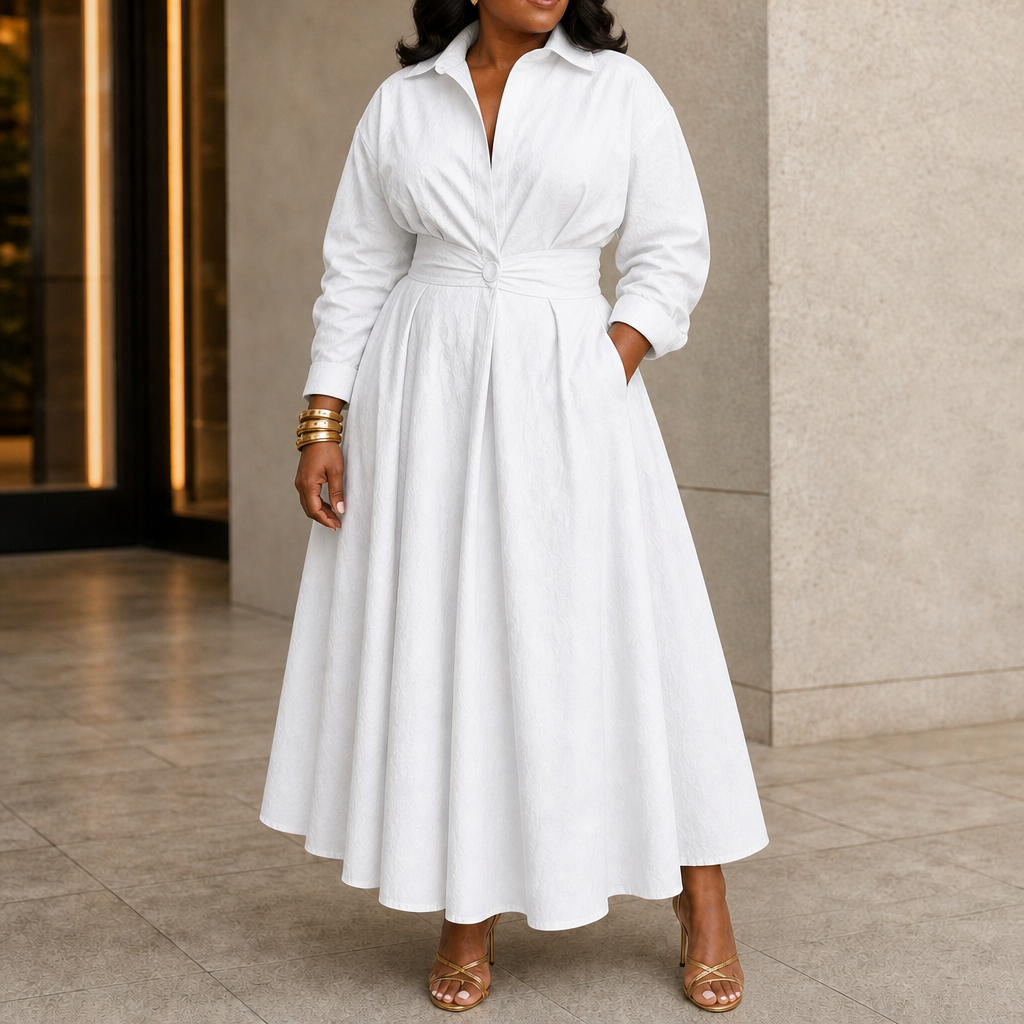 Everly Midi – Belted Long-Sleeve Collared Midi Dress