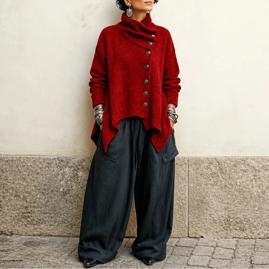 Velora – Asymmetric Draped High-Collar Knit Pullover