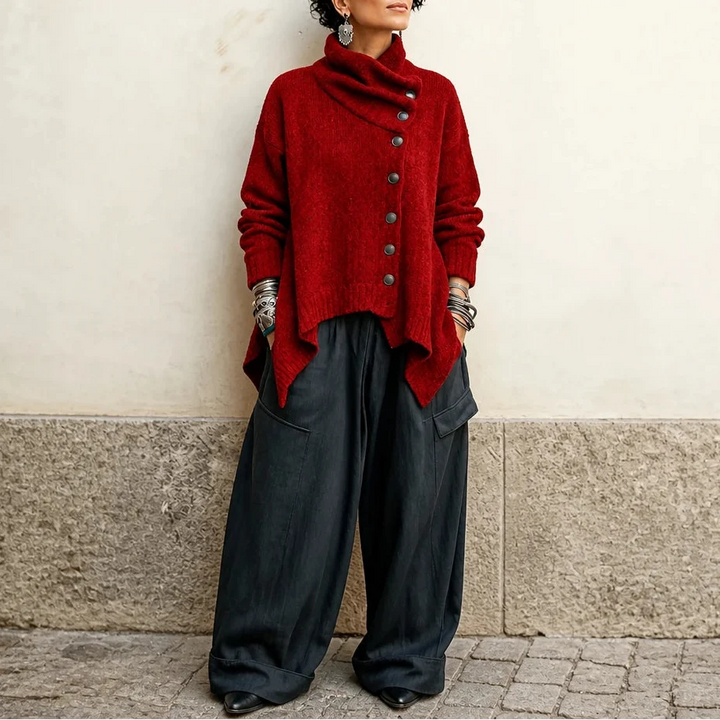 Velora – Asymmetric Draped High-Collar Knit Pullover