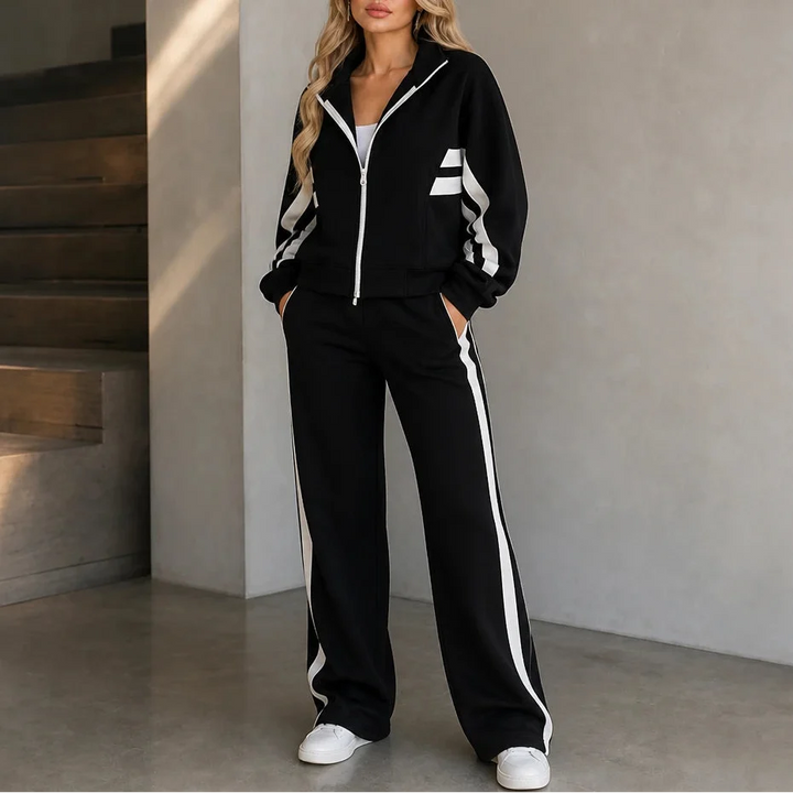 Stride & Set – Cream-Striped Sporty Two-Piece Set
