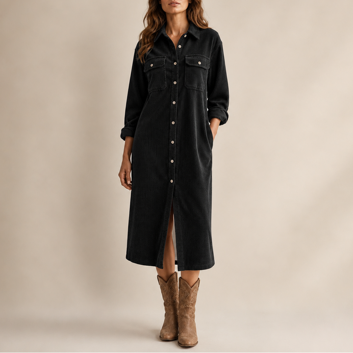 Corvella – Ribbed Corduroy Button-Front Shirt Dress