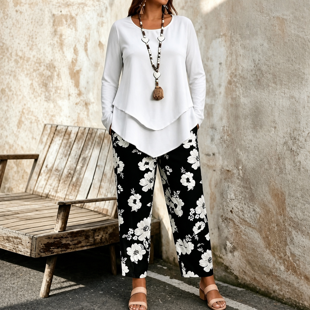 Wearbella – Double-Layer Flowy Top And Floral Wide-Leg Set