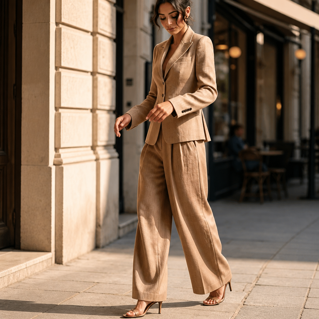 Linelle – Pleated High-Waist Wide-Leg Blazer Suit Set