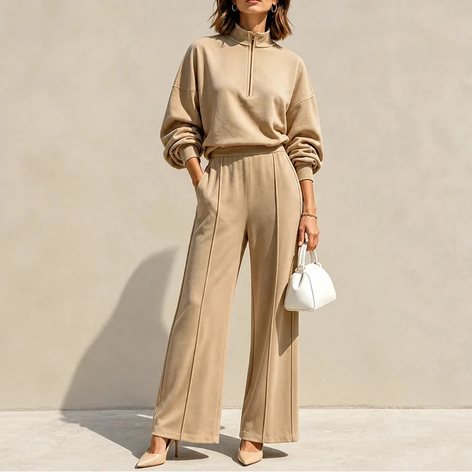 Easeform – Half-Zip Drop-Shoulder Top And Wide-Leg Pants Set