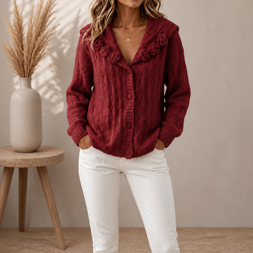 Florabelle Knit – Floral 3D Lapel Cable Knit Cardigan