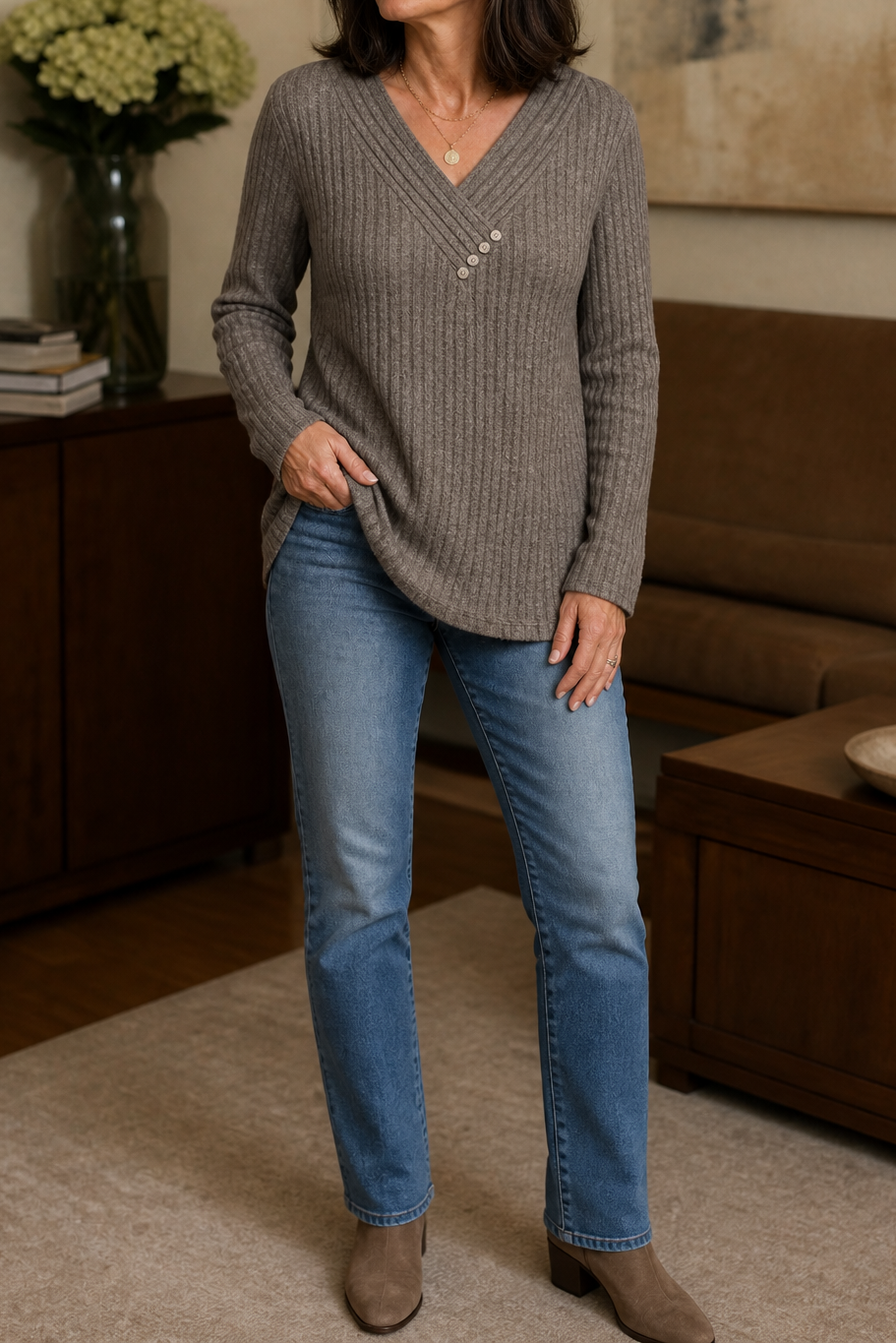 Marlowe & Rib – Ribbed V-Neck Button-Detail Sweater