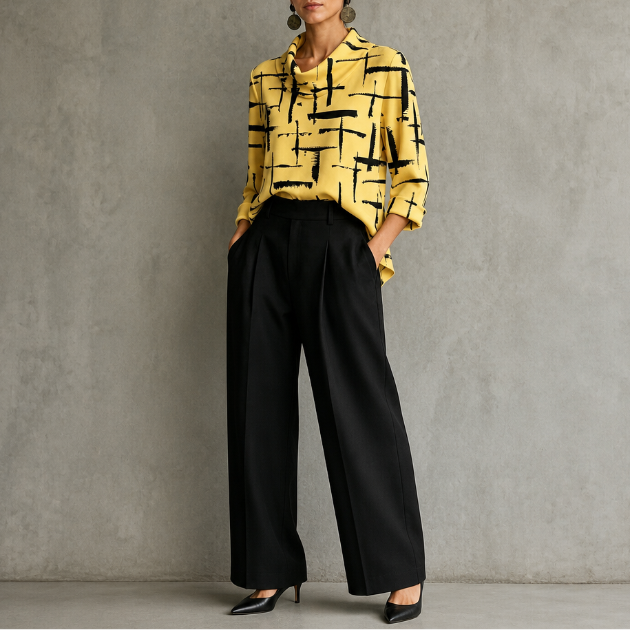 Cowlina – Cross-Print Cowl-Neck 3/4-Sleeve Blouse