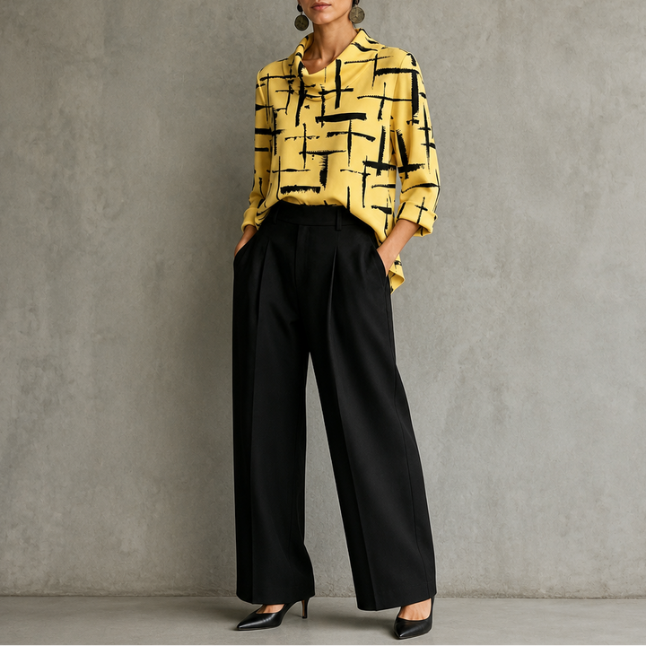 Cowlina – Cross-Print Cowl-Neck 3/4-Sleeve Blouse