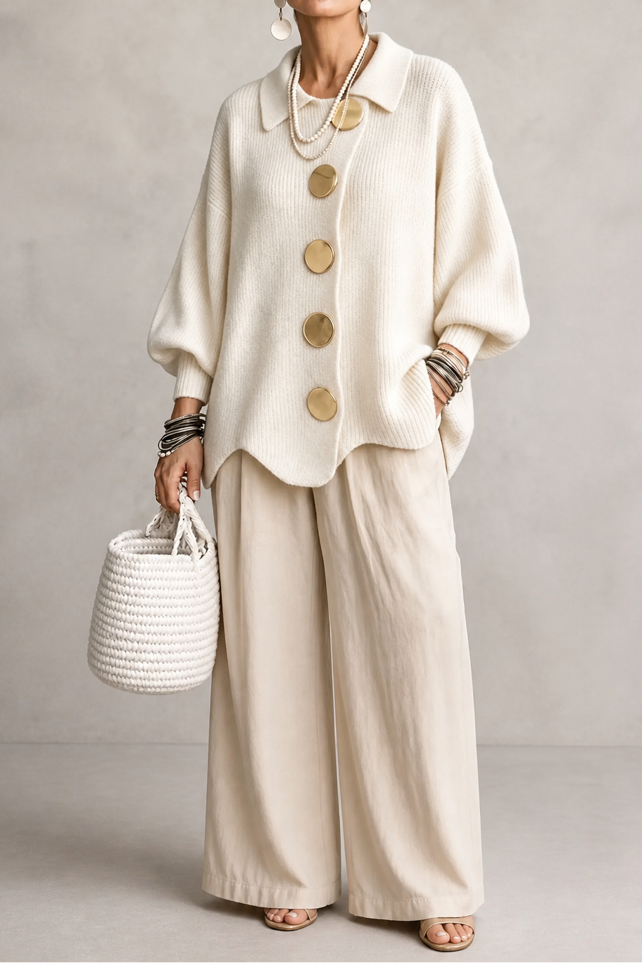 Wearbella – Oversized Scalloped-Hem Button Cardigan