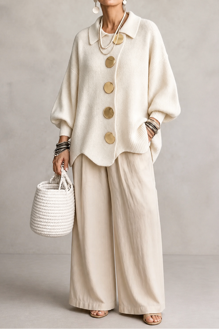 Wearbella – Oversized Scalloped-Hem Button Cardigan