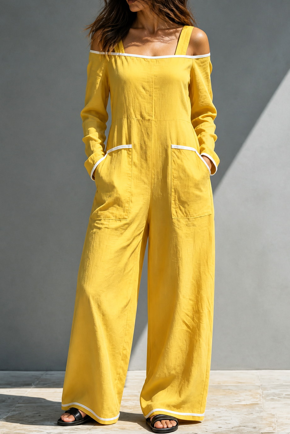 Shouldera – Off-Shoulder Contrast Trim Wide-Leg Jumpsuit