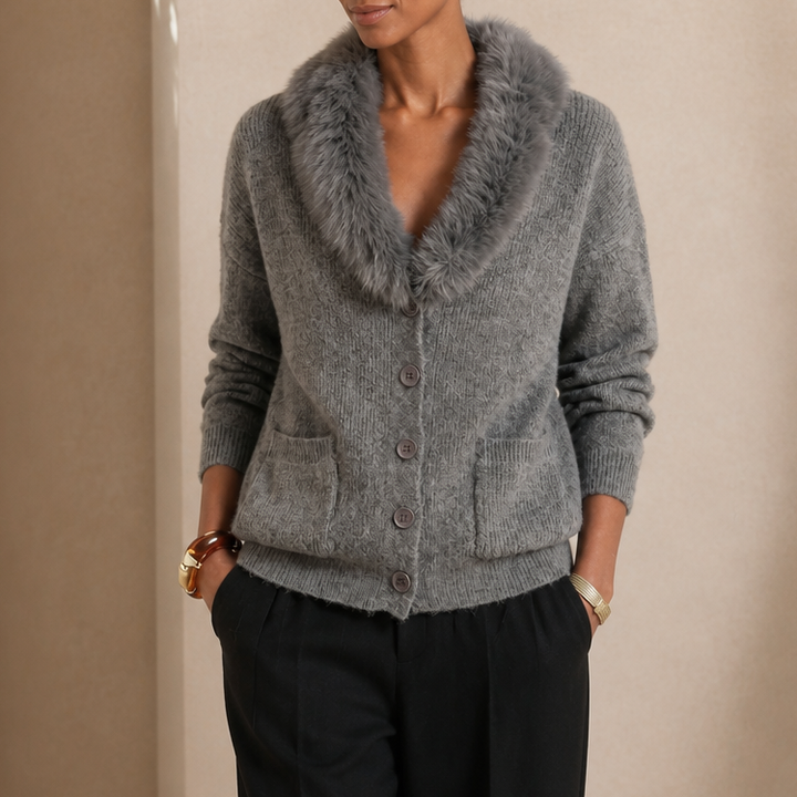 Veloura – Plush Faux-Fur Lapel Chunky Knit Cardigan