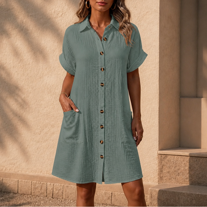 Daywear – Buttoned Short Sleeve Pocket Shirt Dress