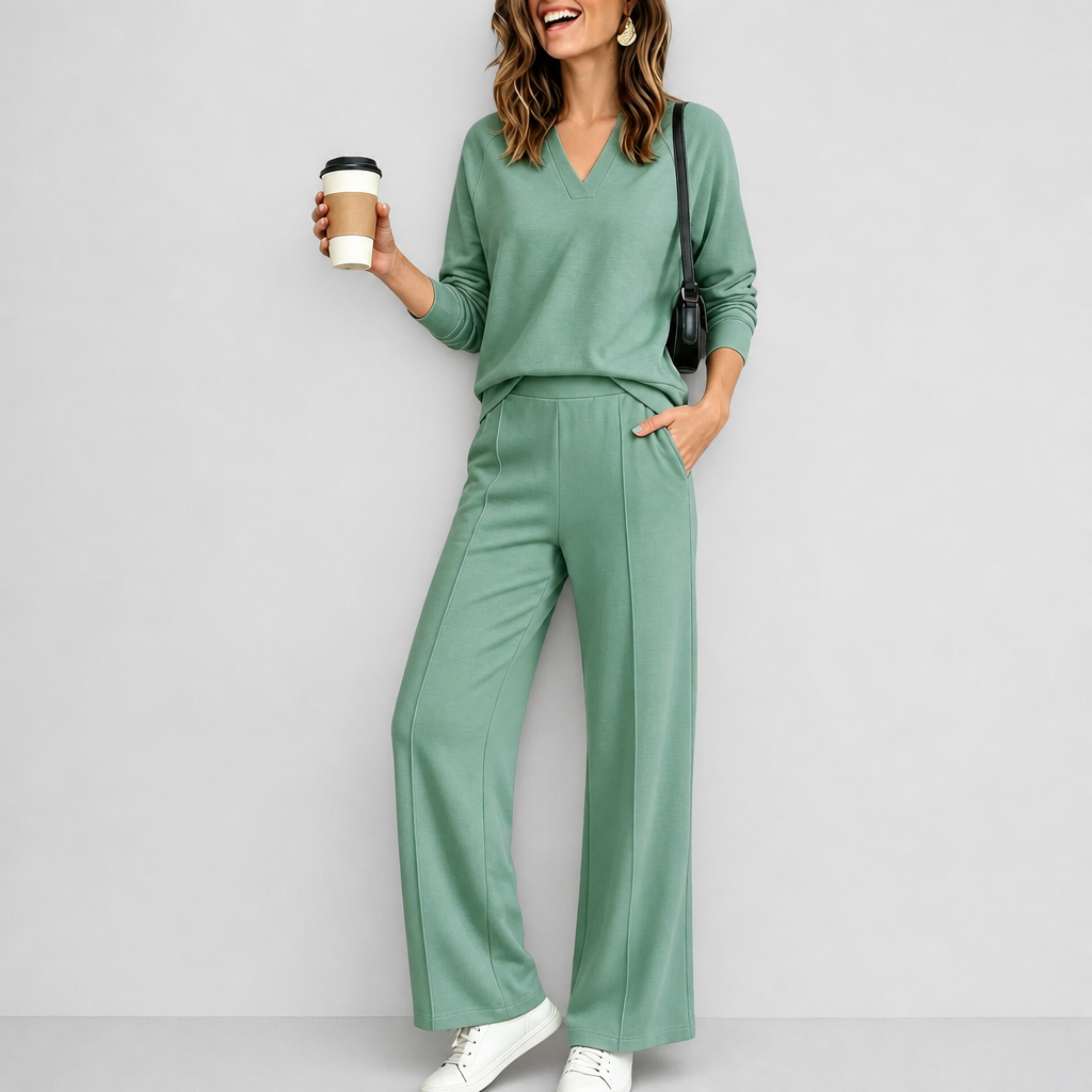 Wearbella – V-Neck Knit Top And Wide-Leg Pants Set