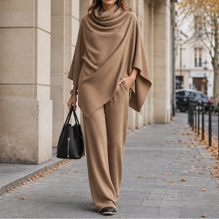 Draperie – Cowl-Neck Cape Top And Wide-Leg Trousers Set