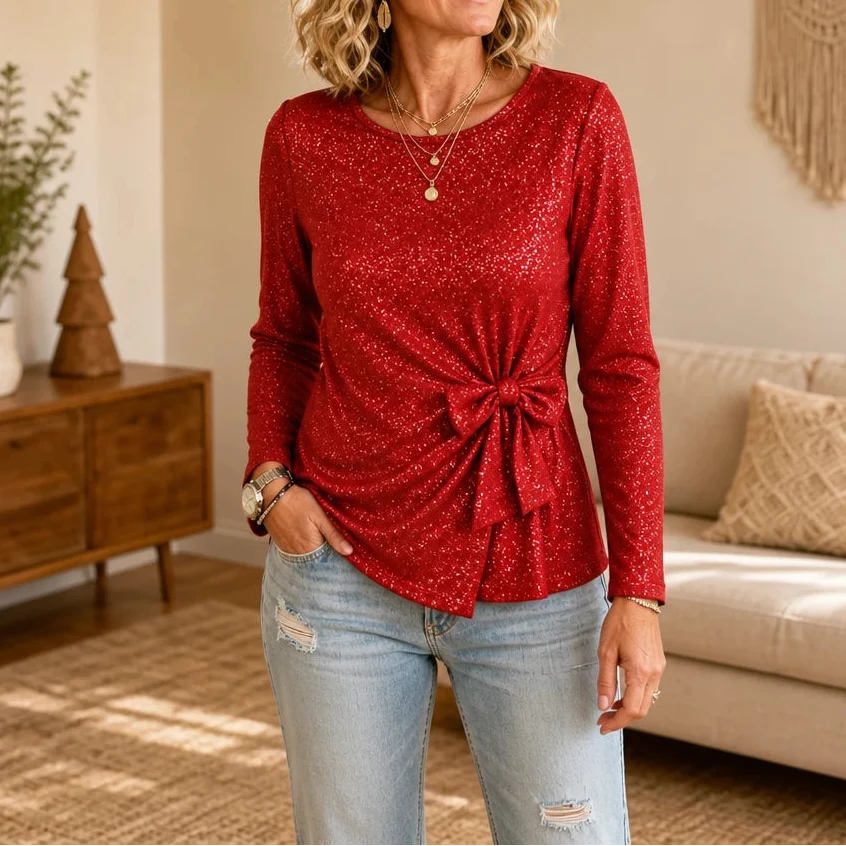 Lumiere – Metallic Shimmer Side-Knot Long-Sleeve Top