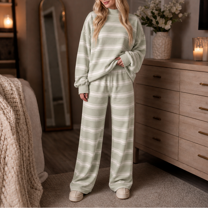 Stripe & Ease – Striped Mock-Neck Top And Wide-Leg Pants Set