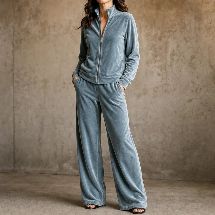 Veloura – Velvet Zip-Front Top And Wide-Leg Pants Set