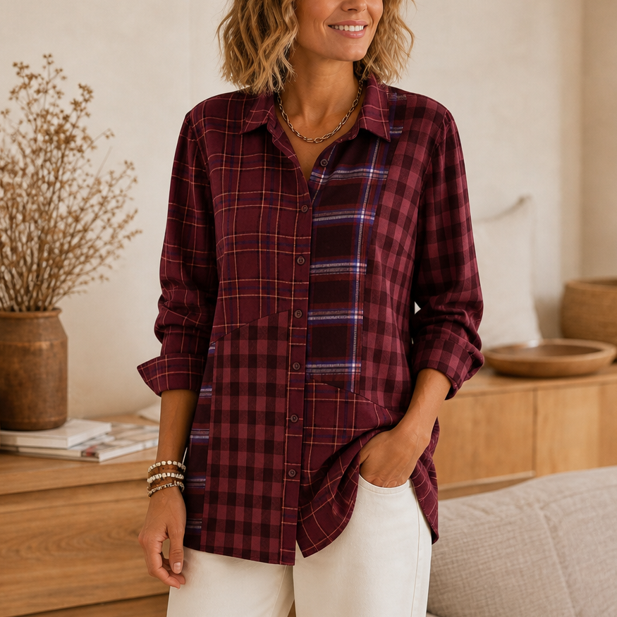 Plaidelle – Color-Block Patchwork Plaid Button-Up Shirt