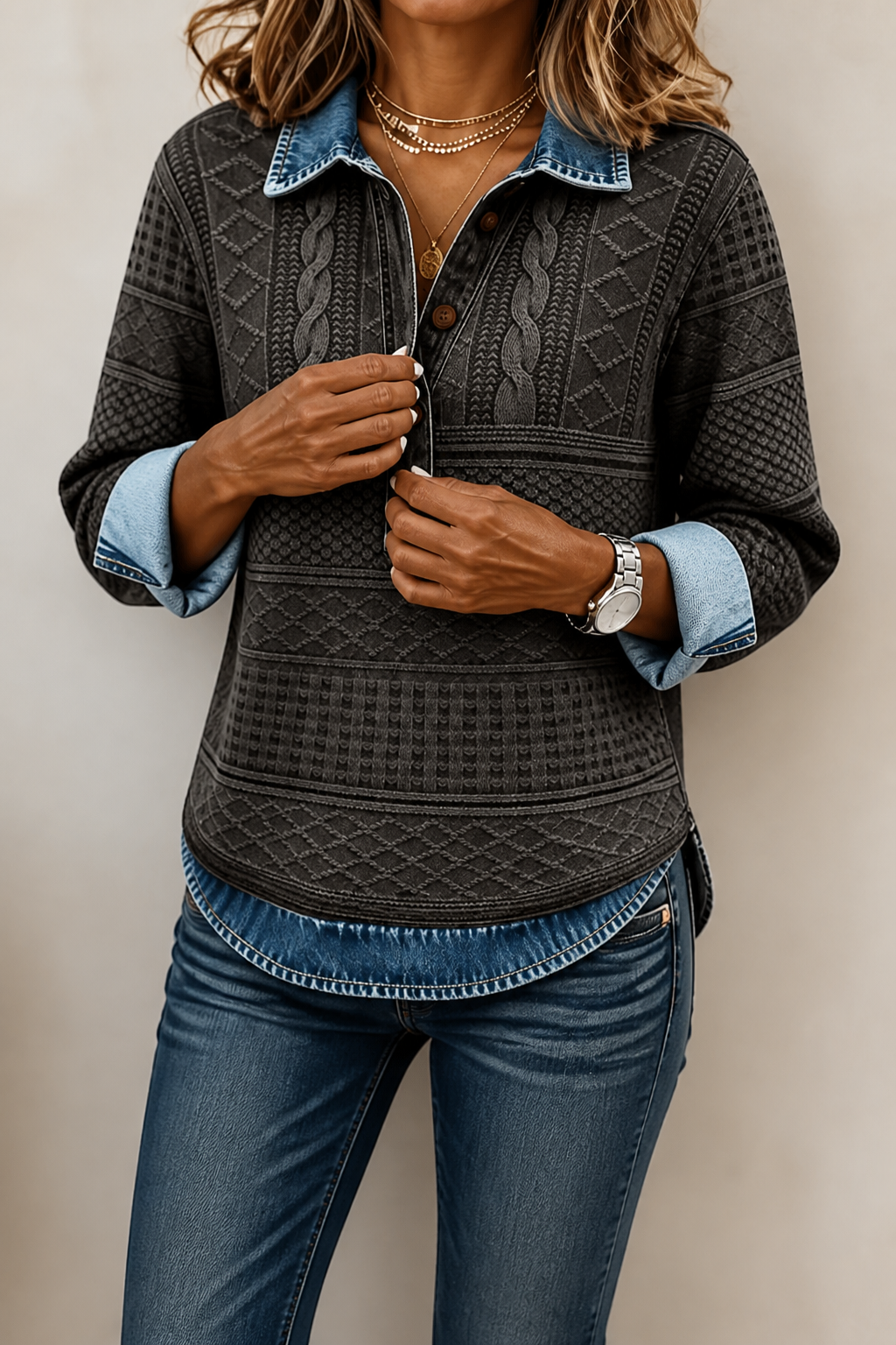 Layerlyn – Denim Patchwork Textured Knit Blouse