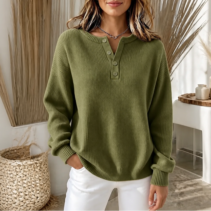 Buttonelle – Ribbed Henley Button-Front Sweater