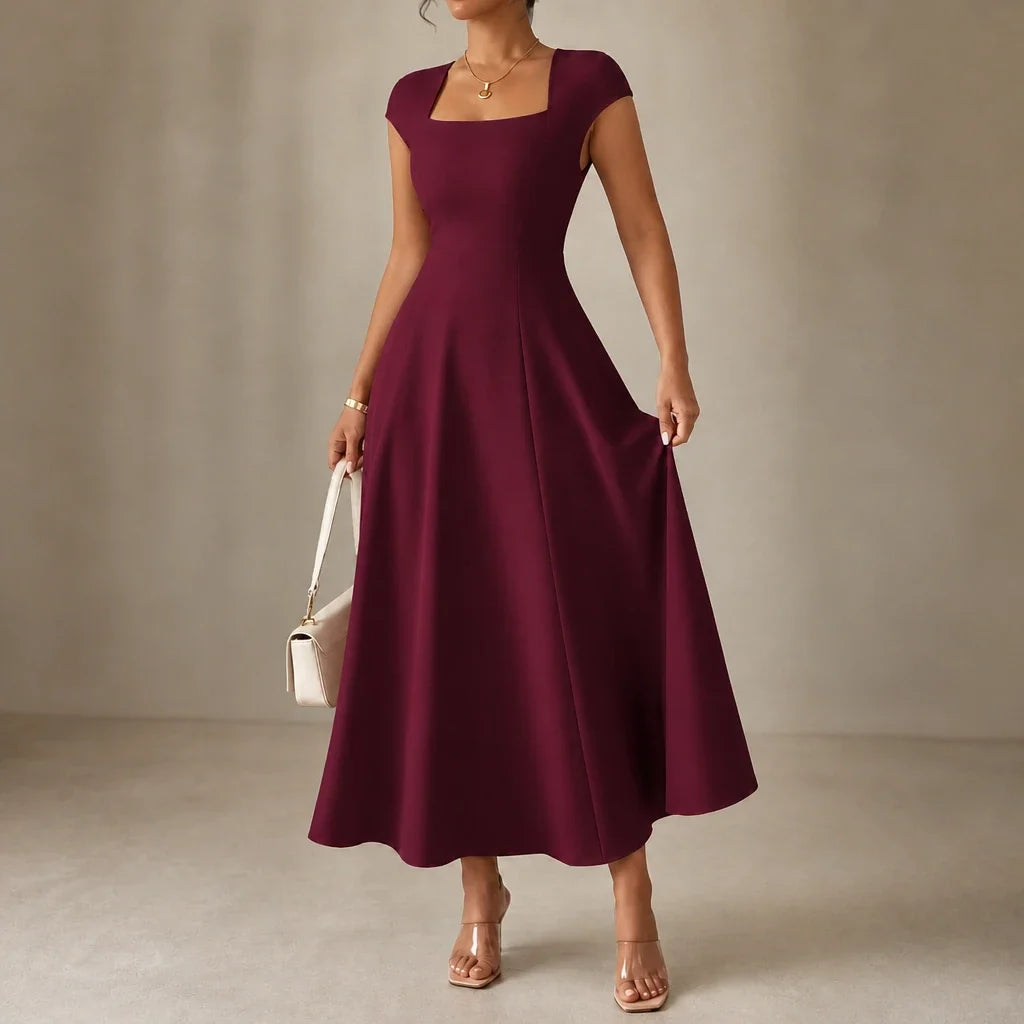Alina – Square Neck Fitted Bodice A-Line Midi Dress