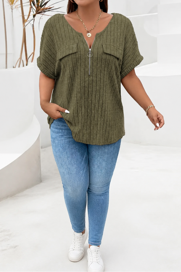 Veloura – Ribbed Adjustable Zip-Neck Knit Top