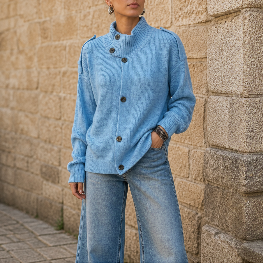 Diavelle – Diagonal Button High-Collar Knit Cardigan