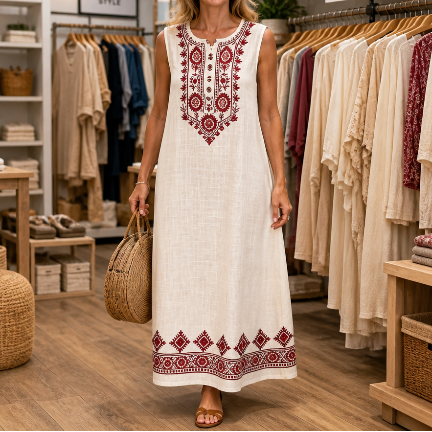 Lineluxe – Red Embroidered Sleeveless Maxi Dress