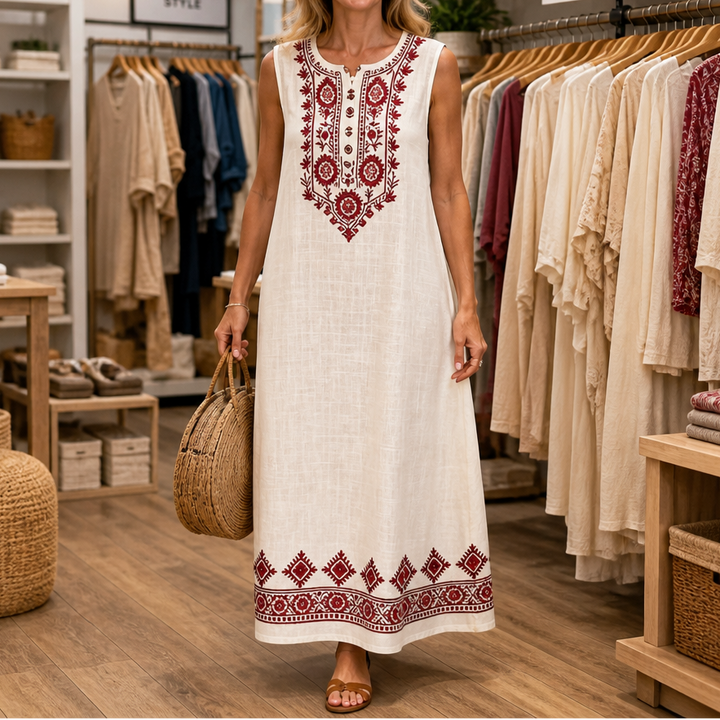 Lineluxe – Red Embroidered Sleeveless Maxi Dress