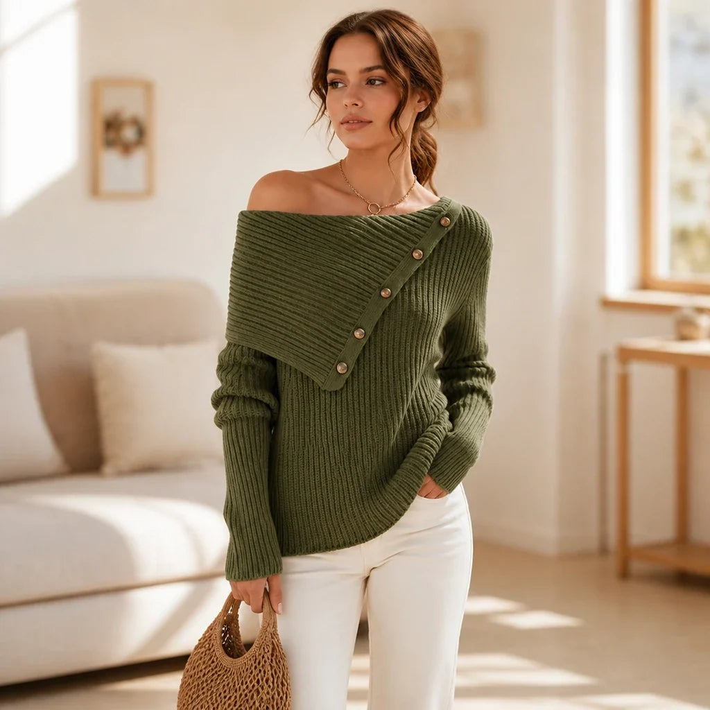 Velora – Asymmetric Button Off-The-Shoulder Knit Sweater