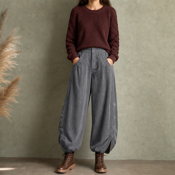 Cozelle – Side-Button Barrel Leg Corduroy Pants