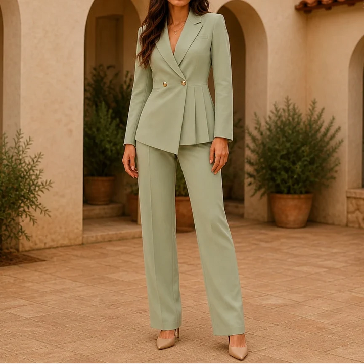 Vellaire – Double-Breasted Pleated Peplum Trouser Suit