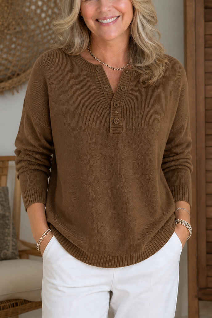 Wearbella – V-Neck Button Placket Knit Sweater