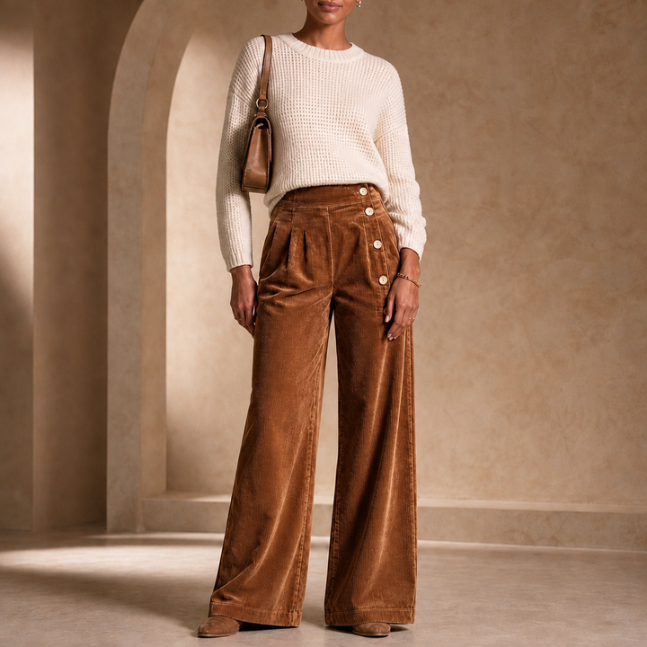 Cordelle – Asymmetrical Button-Front Pleated Wide-Leg Pants