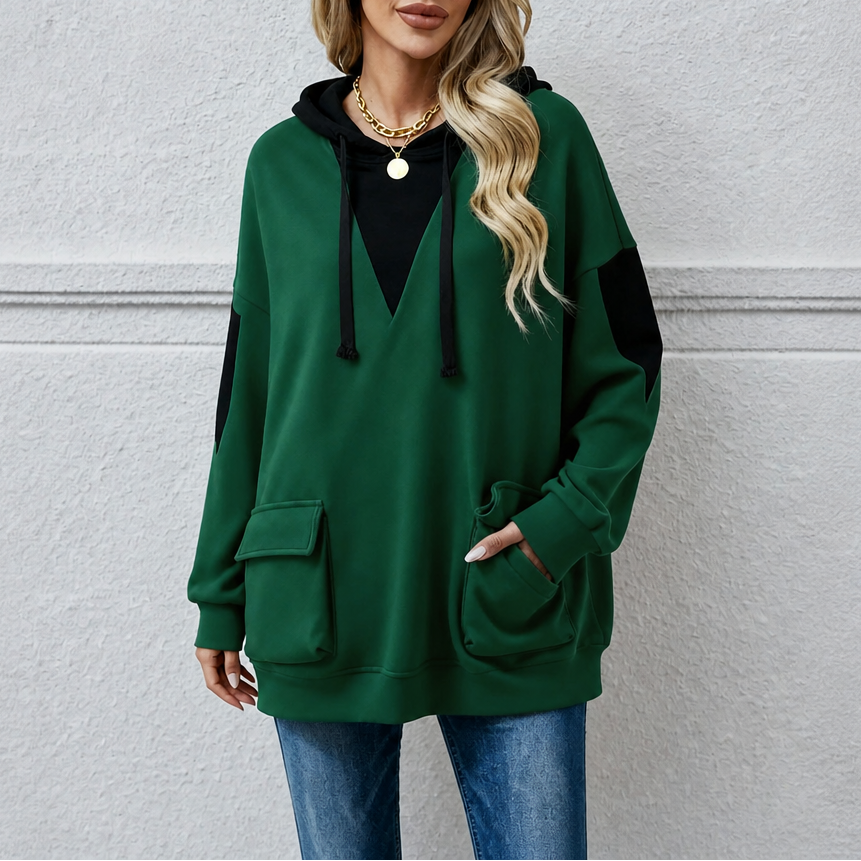 Vela – V-Neck Color-Block Oversized Hoodie