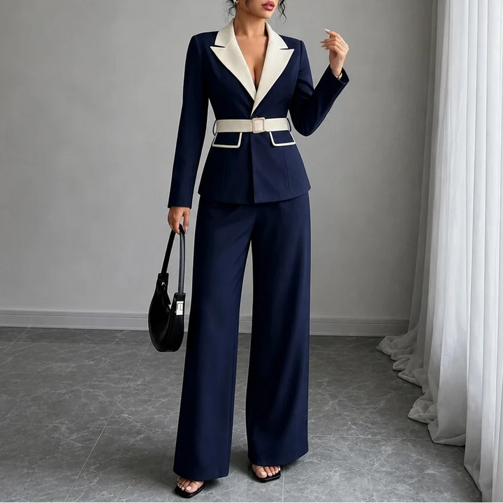 Vivia – Contrast-Lapel Belted Wide-Leg Pantsuit