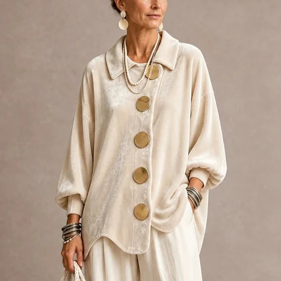 Velvara – Gold Button Velvet-Look Blouse