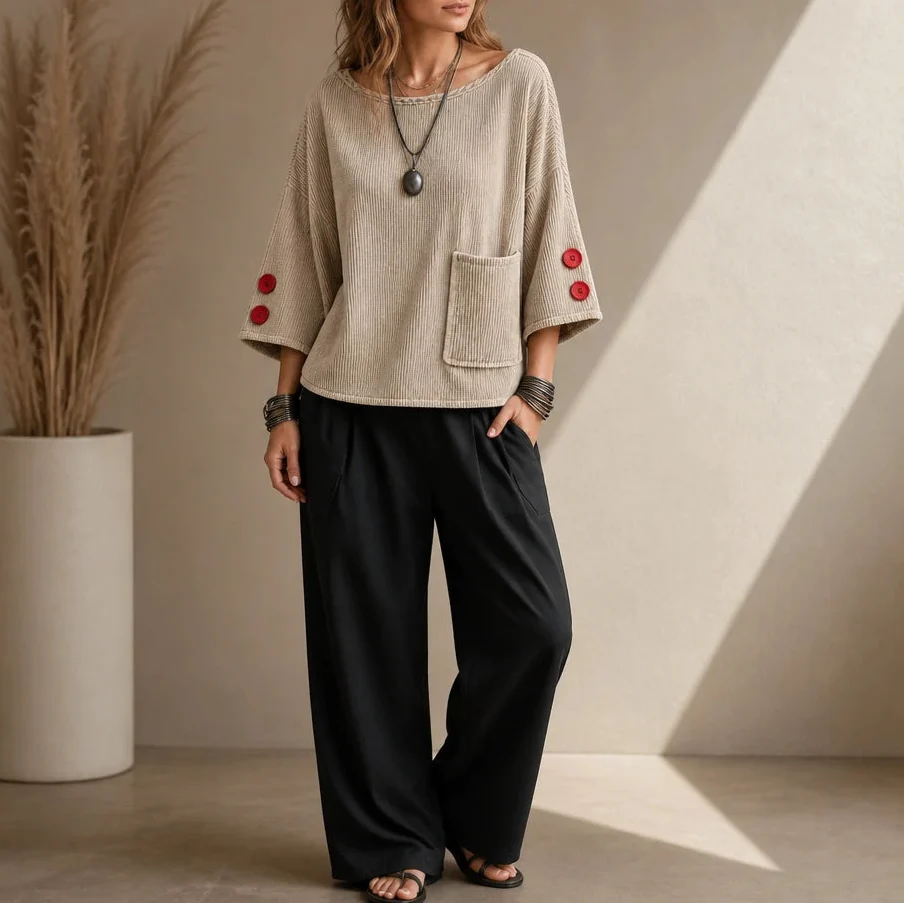 Overa – Ribbed Button-Sleeve Blouse