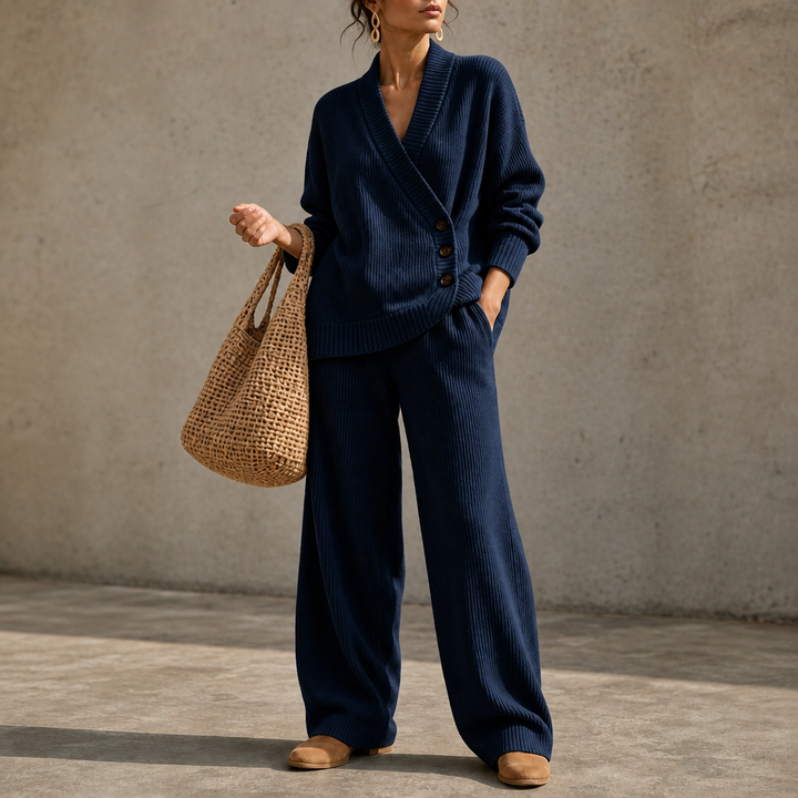 Olivea – Ribbed Wrap Top And Wide-Leg Pants Set