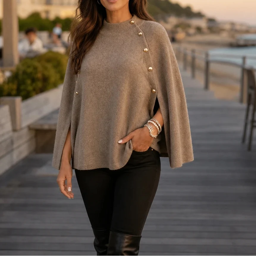 Velora – Button-Detail Side-Slit Knit Poncho Sweater
