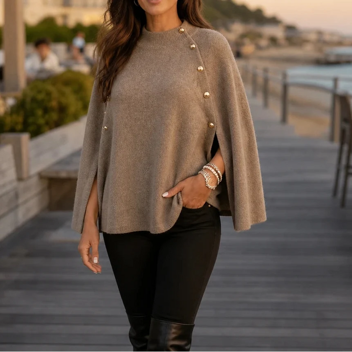 Velora – Button-Detail Side-Slit Knit Poncho Sweater