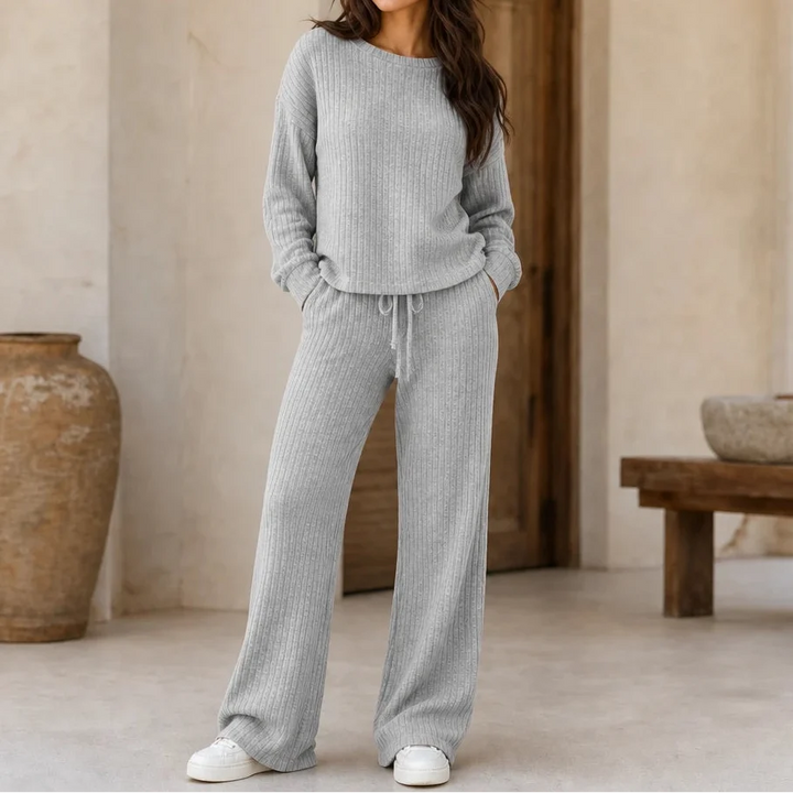 Softhaven – Ribbed Drop-Shoulder Sweater And Wide-Leg Pants Set