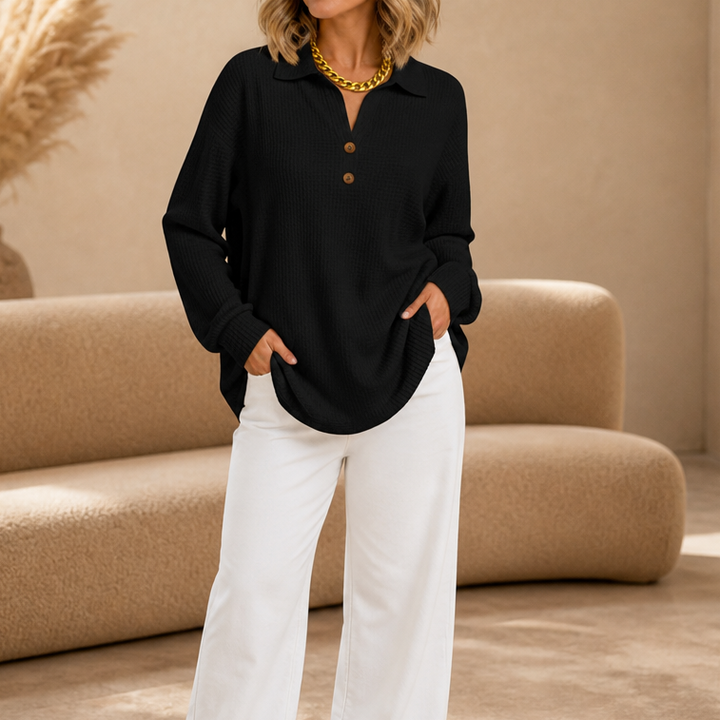 Wafelle – Waffle-Knit V-Neck Button Placket Top