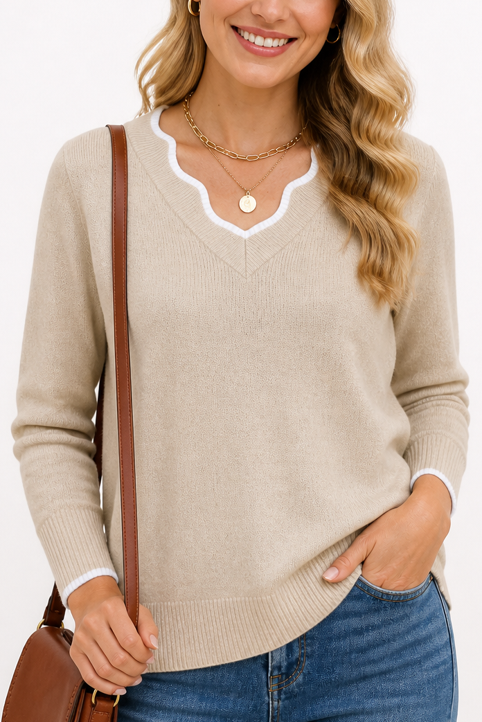 Wearbella – Wavy-Trim V-Neck Knit Top